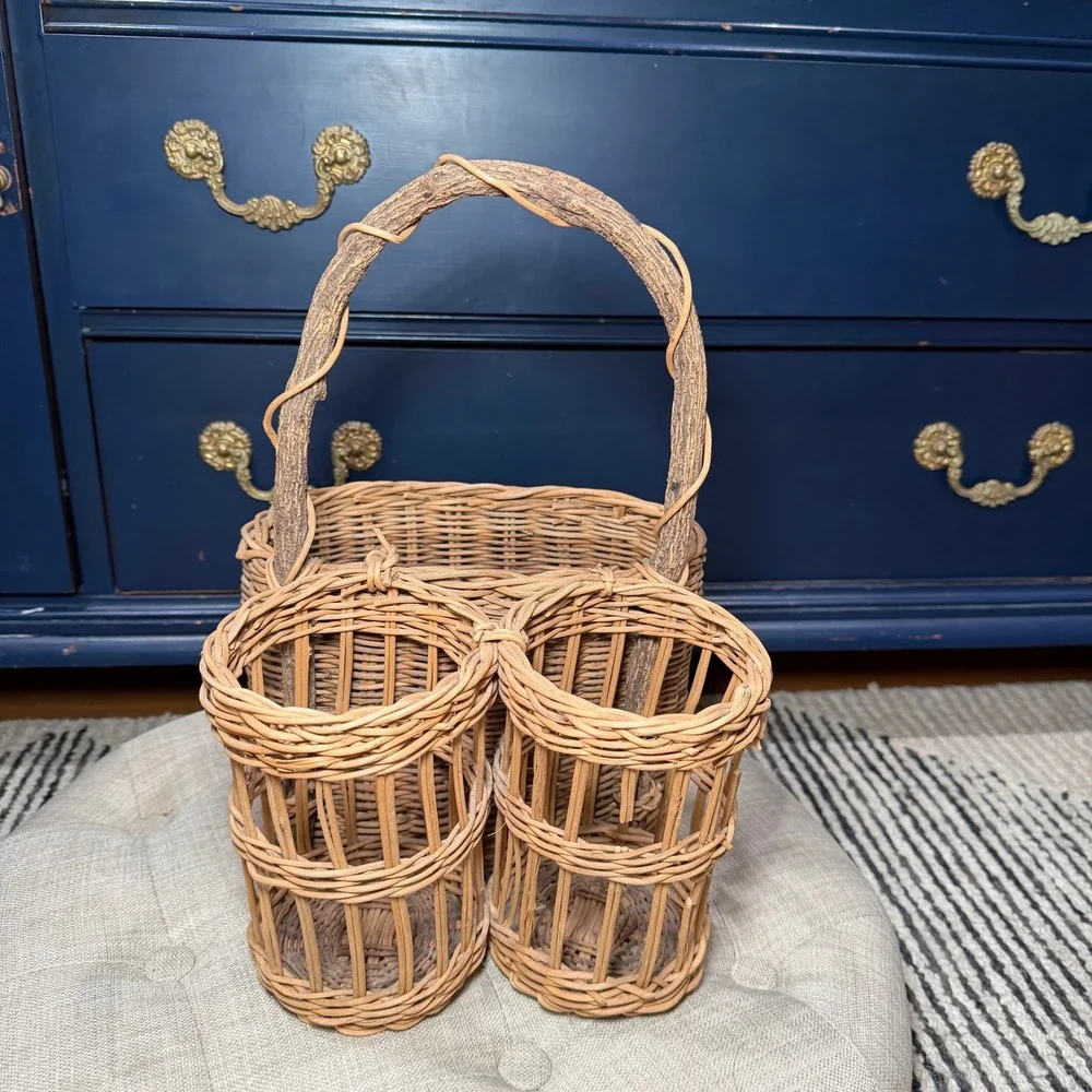 Vintage Wicker Rattan Wine Bottle Caddy 3 Compartment Branch Handle Boho Basket‎